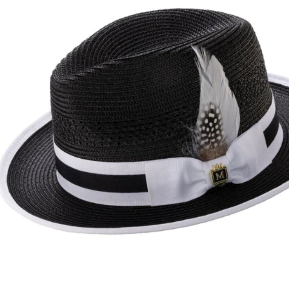 Montique BLACK Fedora Hat with Two-Tone Grosgrain Ribbon Band and Feather  H-101